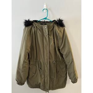 Forever 21 Womens Winter Coat Large Olive Green Parka Faux Fur Hood